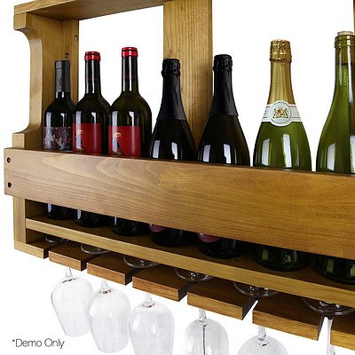 7 Bottle Wall Mounted Wine & Glass Rack - Natural - Brand New