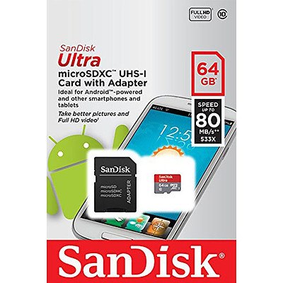 Sandisk 64GB Micro SDXC Ultra Class 10 up to 80mb/s with SD adaptor (SDSQUNC-064G) - With Warranty