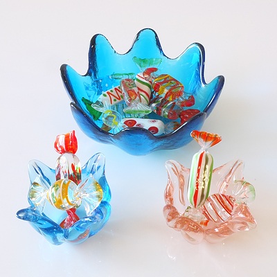 Three Art Glass Bowls with Assorted Glass Lollies