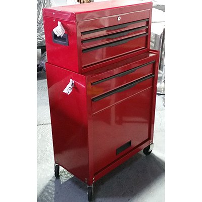 Pair of 3-Drawer Chest and 2-Drawer/Cabinet Roller Work Station - Demonstration Model - Red