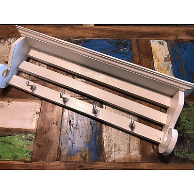 New White Wash Timber Shelf with 4 Hooks 700mm