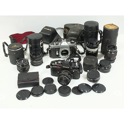 Konica and Asahi Cameras and an Assortment of Accessories