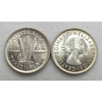 Australian Silver Threepences 1964 - from Mint Roll (x5)