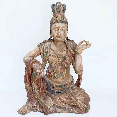 Large Antique Chinese Polychromed Carved Wood Figure of Guanyin