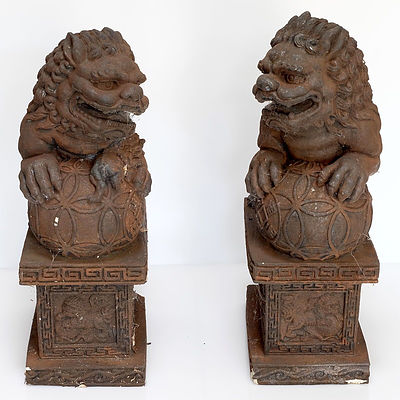 Pair Chinese Cast Iron Temple Dogs