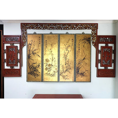 Chinese Four Panel Painted Gilt Screen and Carved Red Lacquer Panels and Overmantle