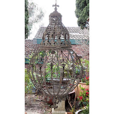 Ornate Pressed Metal and Wire Work Basket Lantern