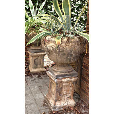 Pair of Very Large Classical Style Composite Stone Garden Urns and Pedestal