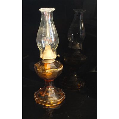 Vintage Oil Lamp with Amber Glass Base and a Crimp Top Chimney