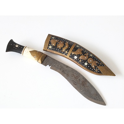 Decorative Brass and Bone Handled Kukri Knife and Mixed Media Middle Eastern Hunting Scene