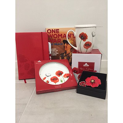Poppy mug, plate, diary and book from the War Memorial