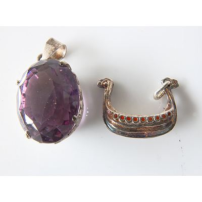 Amethyst In Silver Mount and a Silver and Enamel Viking Boat Charm