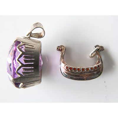 Amethyst In Silver Mount and a Silver and Enamel Viking Boat Charm