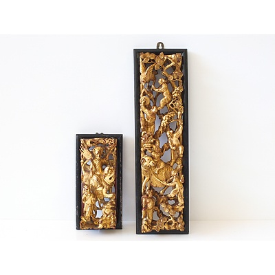 Two Chinese Red Lacquer and Gilt Panels