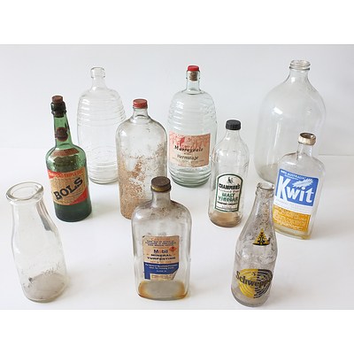 Collection of Vintage Glass Bottles, Including Mobil, Co op Milk, Schweppes, Laurel Kerosene and More