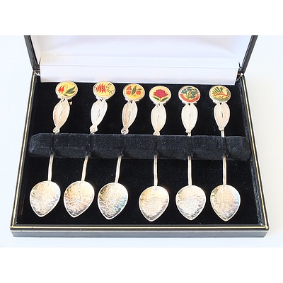 Six Sargisons Sterling Spoons with Australian Native Flower Enamel Motifs