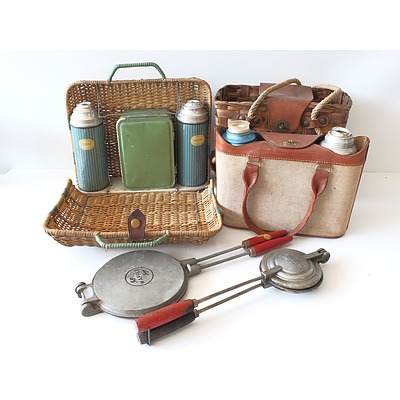 Collection of Retro Picnic Items, Including Thermos and Waffle Irons
