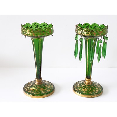 Pair of Victorian Green Glass Lustres with Gilt Decoration