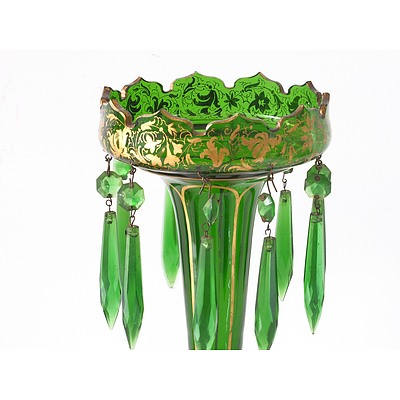 Pair of Victorian Green Glass Lustres with Gilt Decoration