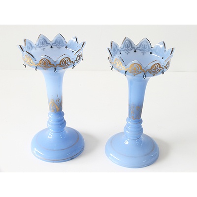 Pair of Victorian Blue Glass Lustres with Gilt Decoration