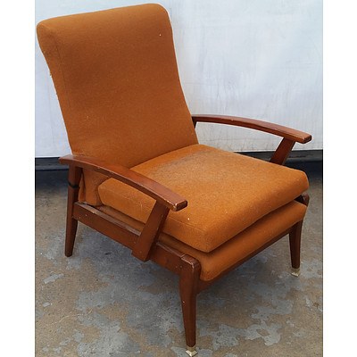 Vintage Stained Pine and Orange Fabric Upholstered Recliner