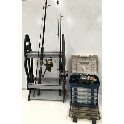 Shimano and Penn Fishing Rods with Rod Holder, Tackle Box and Miscellaneous Tackle
