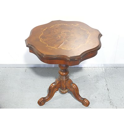 Antique Style Burr Walnut Veneer Wine Table With Inlaid Motif