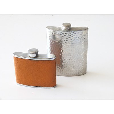 Two English Pewter Leather Hip Flasks