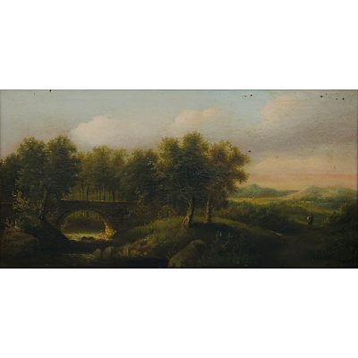 19th C British School; British Landscape with Stream & Figure Oil on Canvas