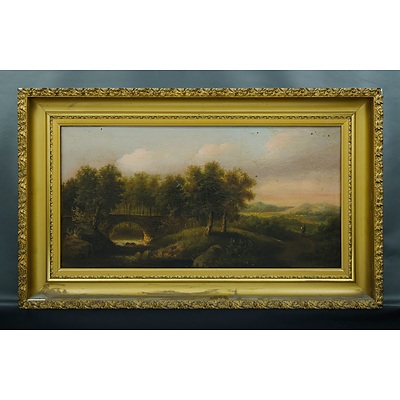 19th C British School; British Landscape with Stream & Figure Oil on Canvas