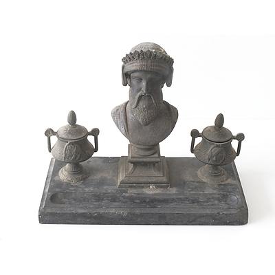 Cast Metal and Slate Mesopotamian Themed Desk Set