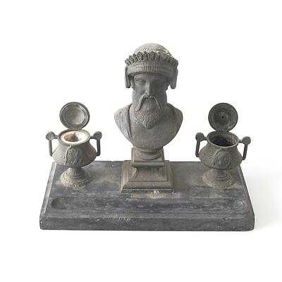 Cast Metal and Slate Mesopotamian Themed Desk Set