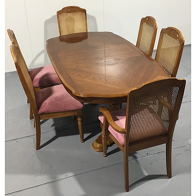 Parquetry Veneer Dining Table with Six Fabric Upholstered and Rattan Dining Chairs