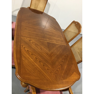 Parquetry Veneer Dining Table with Six Fabric Upholstered and Rattan Dining Chairs