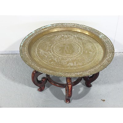 Vintage Chinese Engraved Brass Tray On A Later Stand