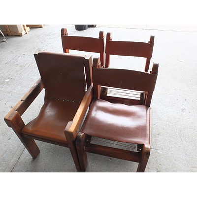 8 x Stained Pine and Leather Wrapped Outdoor Chairs