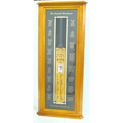 Donald Bradman Signed Bat and Statistics in Corner Cabinet