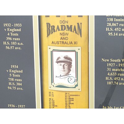 Donald Bradman Signed Bat and Statistics in Corner Cabinet