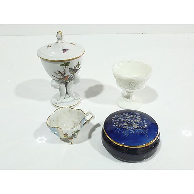 Herend Porcelain Footed Sugar, Decor Main Limoges, Milk Glass Footed Dish and Another