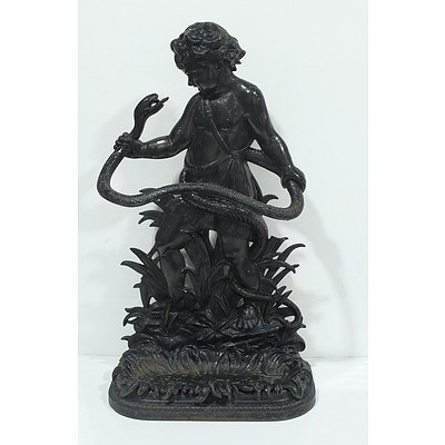Victorian Cast Iron Umbrella Stand of the Young Hurcules Killing a Snake Circa 1870
