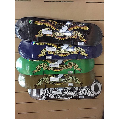 Five Different Skateboard Decks, One long board Deck and Dripping tap - Assorted Themes and Sizes - Lot of 7 - Brand New - Total RRP: $898.00