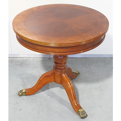 Vintage Walnut Veneer with Brass Claw Feet Round Table