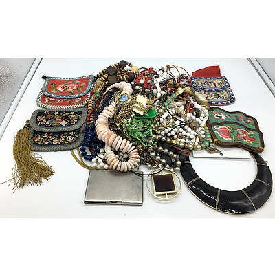 Group of Necklaces, Silk Purses and Cigarette Case