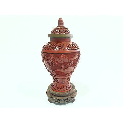 Vintage Chinese Cinnabar Lidded Urn and Stand