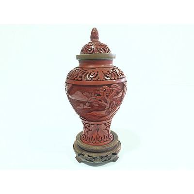 Vintage Chinese Cinnabar Lidded Urn and Stand