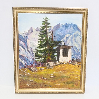 Two Alpine Huts Oil On Canvas Board