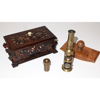 Antique Monocular Microscope, Specimen Slide Viewer, Blotter and a Box