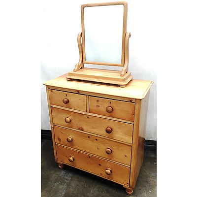 Antique Pine Chest of Drawers with Matching Dresser Mirror