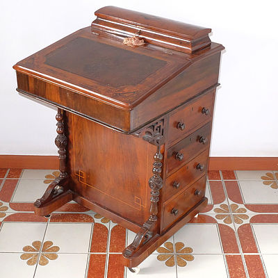 Victorian Burr Walnut Davenport with Tooled Leather Inlay Circa 1880