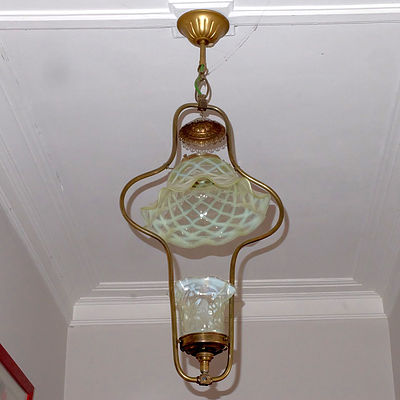 A Converted Late Victorian Gasolier With Original Vaseline Glass Shades